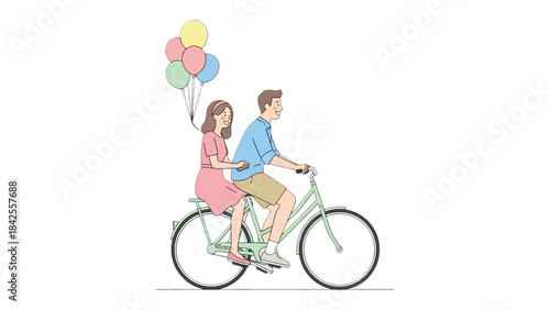 Bicycle Adventure: A couple embarking on a charming bicycle ride together, enjoying each other's company while holding vibrant balloons, creating a moment of joy and freedom.