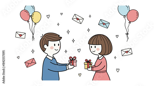 Sharing Delightful Gifts: A heartwarming illustration depicts a moment of exchange, with a cheerful couple happily presenting each other with thoughtfully wrapped gifts.