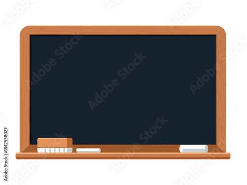 Framed in natural wood, this clean, dark blackboard stands ready for a lesson, featuring a felt eraser and two sticks of white chalk neatly arranged on the bottom tray for a classic school look.