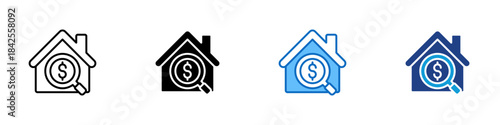 Property Value Multiple Style Icon Design Vector - house with a magnifying glass showing a dollar symbol, representing pricing, appraisal, and financial evaluation