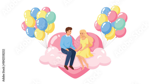 Love's Serenade: A tender moment unfolds as a couple sits on a fluffy cloud shaped as heart holding hands together, surrounded by colorful balloons, a perfect display of affection and joy. 