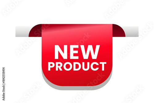 New product red rounded ribbon tag, ideal for e-commerce, websites, marketing materials, and promotions to immediately highlight top-performing products or services
