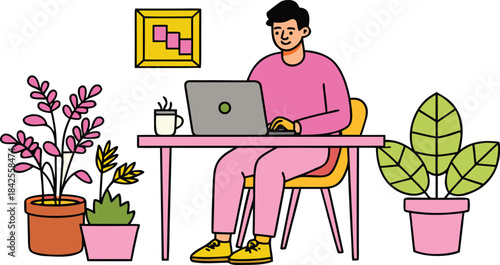 A relaxed man working from home on his laptop at a minimalist desk with house plants. isolated on transparent background, Vector