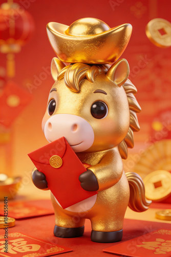 he cute little golden horse, with a golden ingot on its head and a red envelope in its arms, has a 3D card pass