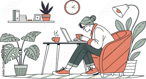 A person enjoys a comfortable work-from-home setup with plants and coffee in a modern illustration isolated on transparent background, Vector