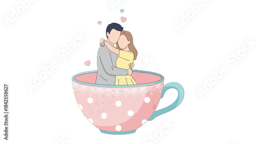 Cuddle in Teacup: An intimate embrace between two figures, tenderly cradled within a whimsical teacup. A visual ode to romance and heartfelt connection.