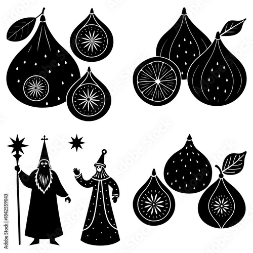 Two Wise Men Figures with Star and Fig Decorations on White Background