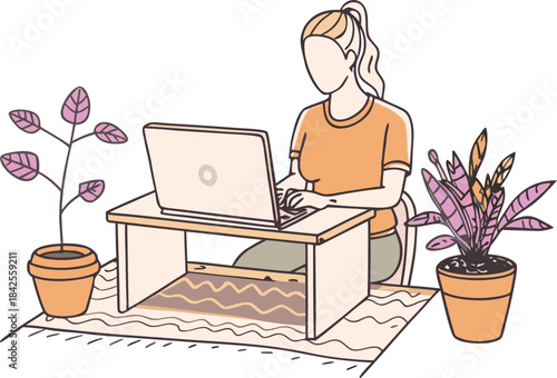 A woman working from home on a laptop at a low table, creating a cozy and productive workspace isolated on transparent background, Vector