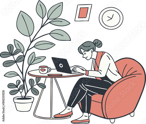 A woman works comfortably from home sitting in a cozy armchair with her laptop isolated on transparent background, Vector