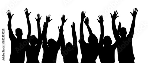Crowd of people silhouettes vector illustration with hands and arms raised up for party, fun, music, and voting design
