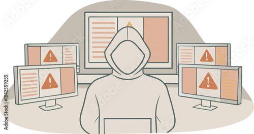 A hacker in a hoodie surrounded by multiple monitors displaying warning signs isolated on transparent background, Vector