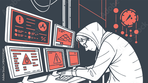 A person in a hoodie works on multiple monitors displaying data and warnings isolated on transparent background, Vector