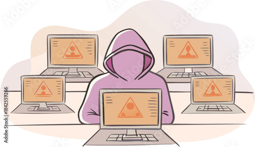 Cybersecurity risk illustration showing a hacker sitting in front of multiple warning screens isolated on transparent background, Vector