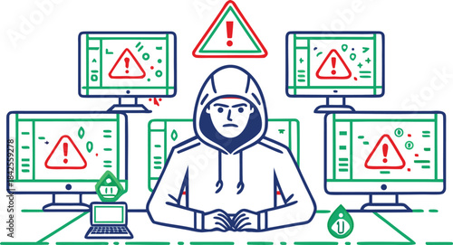 A cyberattack or data breach depicted by a hacker surrounded by warning signs on computer screens isolated on transparent background, Vector