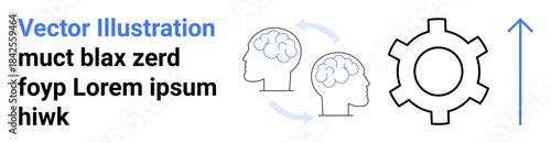 Two human brains connected by circular arrows beside a gear and upward arrow suggesting innovation, teamwork, and progress. Ideal for strategy, growth, collaboration, productivity, business