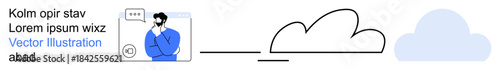 Online communication, cloud storage, messaging, social interaction, technology, virtual networking. A person with a chat bubble connected to a cloud icon. Online communication and cloud storage