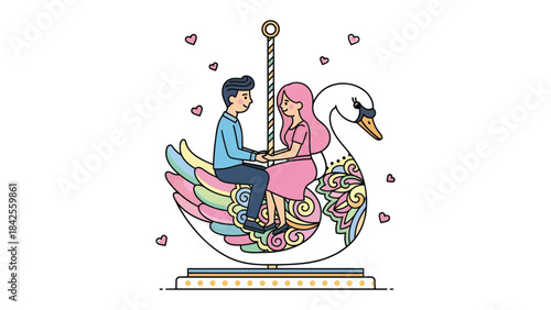 Carousel Love Story: A couple's tender moment on a whimsical carousel swan, surrounded by a sprinkle of hearts, their bond mirroring the joy of the ride.
