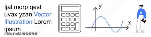 Education, data analysis, math concepts, school tools, computation, graphic design. Features a calculator, sine graph and a person holding a book. Education and data analysis concept