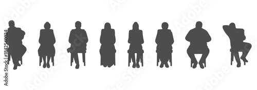 CAD top view drawing of diverse sitting silhouette - leaning sideways, legs crossed, elbows on knees, leaning back, adjusting backpack, sitting with straight posture. Vector illustration