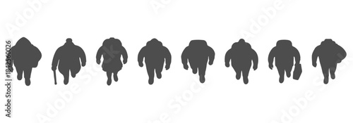 CAD top view drawing of diverse students silhouette—different hairstyles, backpacks, clothing styles, accessories. Vector illustration