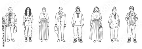 CAD top view drawing of highly diverse individuals - different ages, cultures, clothing types, accessories, hair textures. Vector illustration