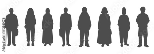 CAD top view drawing of highly diverse individuals silhouette - different ages, cultures, clothing types, accessories, hair textures. Vector illustration