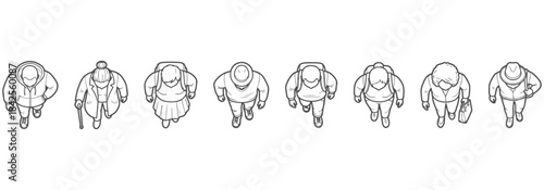 CAD top view illustration of diverse individuals—young adults, middle-aged, and seniors. Vector illustration