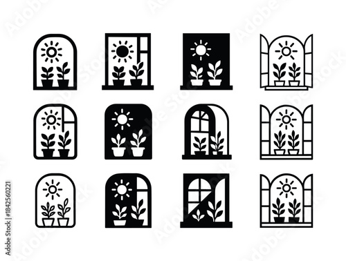 Herb Icons on Windowsill. Growing herbs on a windowsill. Icon se