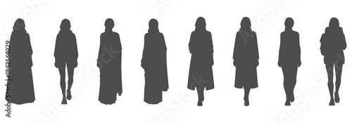Top view CAD vector of diverse women silhouette - long dress, jeans hoodie, abaya, sari, long coat, skirt jacket, athletic wear, backpack. Vector illustration