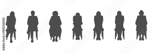 Top view CAD vector of seated people silhouette representing diverse body shapes—slim, average, tall, child, heavy set, elderly.
