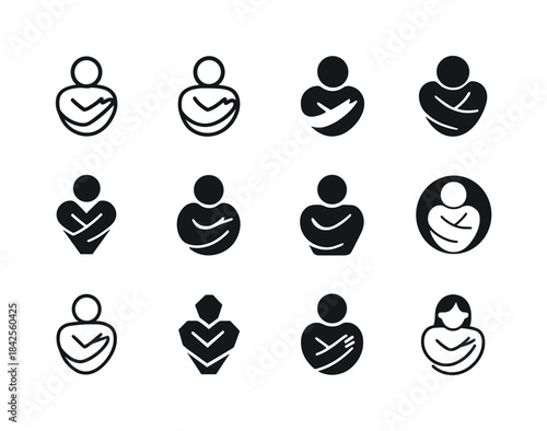Self-Love Icons. A person hugging themselves, practicing self-lo