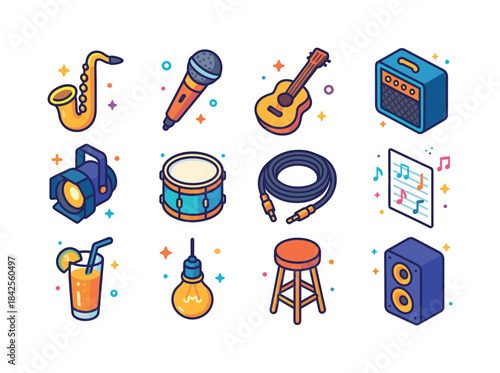 Bar Music Icons. Bar Music Gear. Colorful isometric vector icons