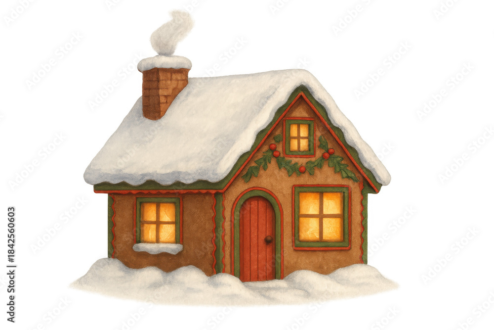 Obraz premium Gingerbread house illustration with snow, a cozy winter cottage, and festive holiday decorations, isolated on a transparent background