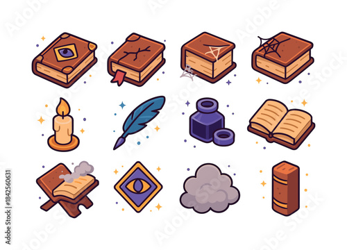 Isometric Book Icon Set. Dusty tome. Colorful isometric vector i