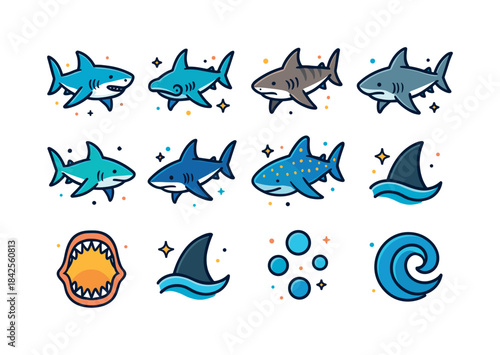 Vibrant Shark Icons. Sharks. Colorful isometric vector icons set
