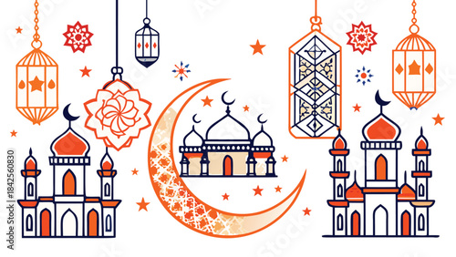 Decorative flat illustration of islamic symbols including mosques and lanterns for religious holidays isolated on transparent background, Vector