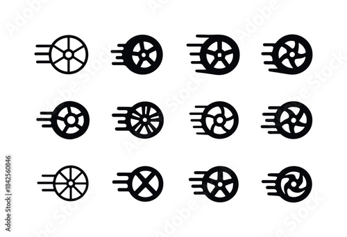 Dynamic Wheels Icons. Spinning wheels out of control. Icon set.