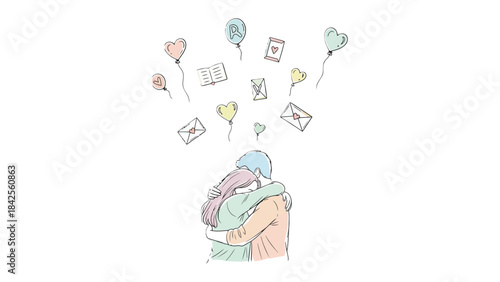 Eternal Embrace: An intimate moment of connection, an embracing couple find solace in a loving hug. Floating above are heart-shaped balloons, letters, and memories.