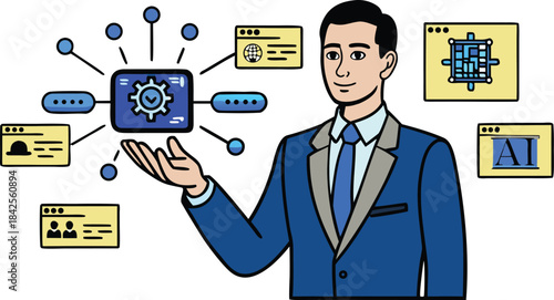 Businessman presenting a central system integrating artificial intelligence and data processes isolated on transparent background, Vector