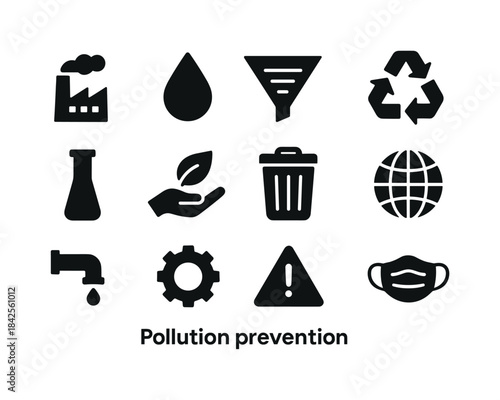 Pollution Prevention Icons. Pollution prevention. Solid icon set