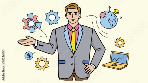 A professional businessman presenting business concepts like global strategy and finance isolated on transparent background, Vector