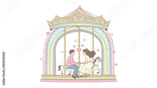 Carousel of Hearts: A romantic illustration captures the timeless beauty of love, featuring a couple on a whimsical carousel, surrounded by delicate hearts and the soft glow of a rainbow.