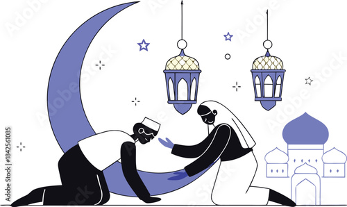Islamic couple kneeling in prayer with a crescent moon and mosque illustration isolated on transparent background, Vector