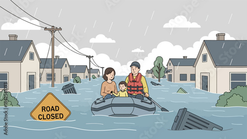 Family navigating a flooded neighborhood during a severe weather event, with houses submerged and a road closure sign visible