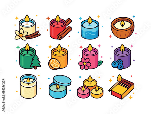 Colorful Scented Candle Icons. Scented candles. Colorful isometr