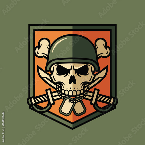Military insignia depicting skull wearing helmet with crossed swords and dog tags emblem