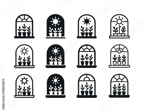 Herb Icons on Windowsill. Growing herbs on a windowsill. Icon se