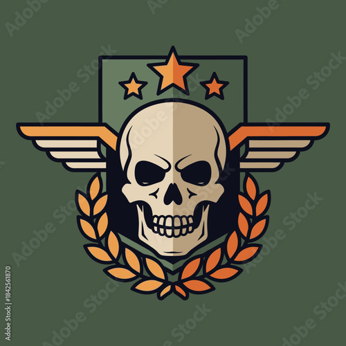 Symbolic military insignia incorporating a skull wings stars and laurel wreath emblem design