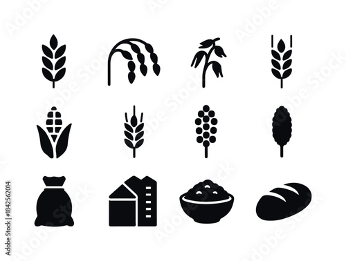 Grain Icons Collection. Grains. Solid icon set of Grains: wheat,