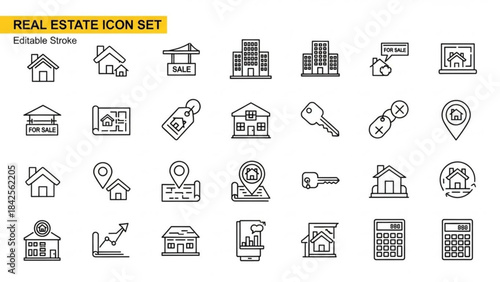 Real Estate Icon Set - Property Management, House Rental, and Architecture Outline Icons with Editable Stroke